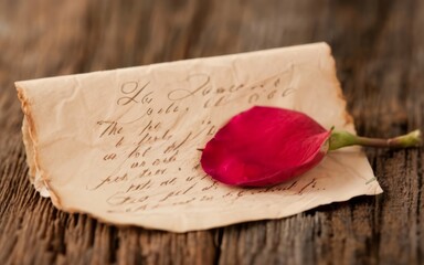 A Close-Up of a Single Red Rose Petal on a Vintage Love Letter: A beautifully weathered love letter rests on a wooden table, adorned with a single crimson rose petal, capturing the essence of timeless