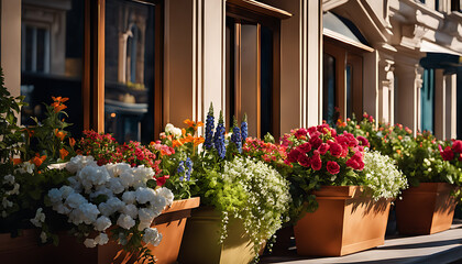 Fototapeta na wymiar Window boxes are packed with flowers. A close-up of lush perennials in window boxes that are adorned with city buildings