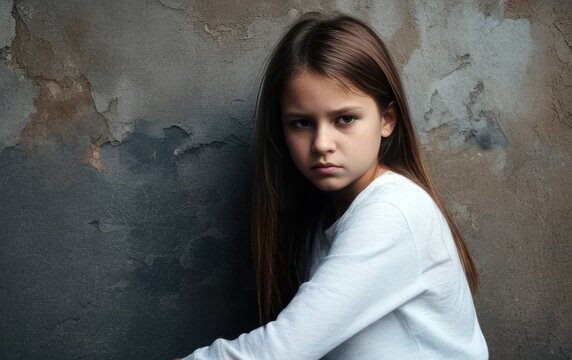 Sad and depressed little girl sitting on a ground near old wall