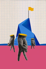 Creative artwork collage image of fingers climb peak hill mountain finish flag motivation to become...