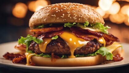 A big juicy hamburger with beef, bacon, salad and cheese on a plate