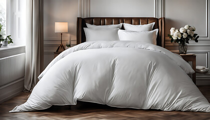A white bed background with a folded white duvet on it. Winterizing the home, domestic tasks, hotel linens, and home textiles