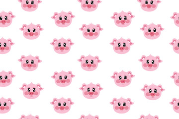 Seamless pattern with kawaii head of pig, piggy, cutie swine, piglet. Cute vector wallpaper for nursery, print or textile for kids