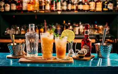 A lively shot of a bar session with glasses, bottles, and coasters, with a cocktail, a straw, and a bar sign on the counter, on a blue bar background