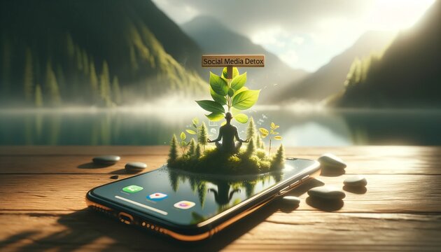 Peaceful nature scene with a person meditating away from devices for a social media break.
