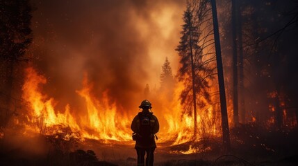 Firefighters team battle a wildfire because climate change and global warming is a driver of global wildfire trends. - obrazy, fototapety, plakaty