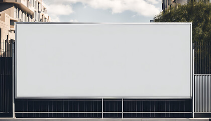A large, blank white, horizontal billboard mockup featuring a modern, metropolitan city on a fence wall  - obrazy, fototapety, plakaty