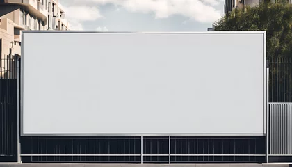 Foto op Canvas A large, blank white, horizontal billboard mockup featuring a modern, metropolitan city on a fence wall  © simo