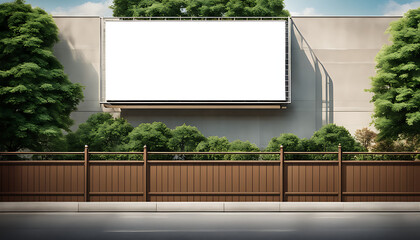 A large, blank white, horizontal billboard mockup featuring a modern, metropolitan city on a fence wall 