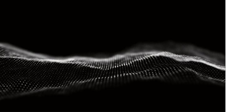 Wave of white particles. Abstract technology flow background. Sound mesh pattern or grid landscape. Digital data structure consist dot elements. Future vector illustration.