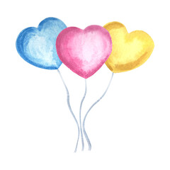 Watercolor composition of colorful heart-shaped balloons with ribbons Hand drawn illustration for design, holiday cards, birthday and Valentine's Day decoration, printing on packaging and covers.