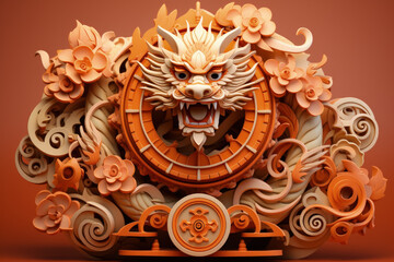 Fototapeta na wymiar Dragon-headed float for Chinese New Year parade isolated on an orange gradient background 