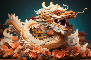 Fototapeta premium Dragon-headed float for Chinese New Year parade isolated on an orange gradient background 