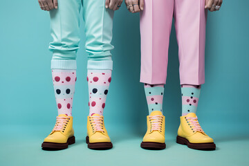 Close up of men legs wearing formal shoes and funny colorful socks.