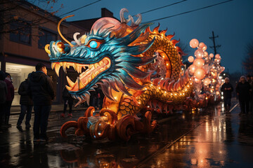 Obraz premium Dragon float procession lighting up New Years municipal parade festivities 