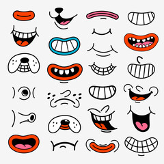 Retro cartoon funny mouths. Groovy vintage 30s 60s 70s smiley mouths with various emotions - obrazy, fototapety, plakaty