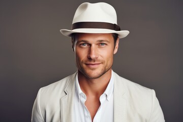 Portrait of a blissful man in his 30s donning a classic fedora against a white background. AI Generation