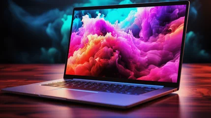  Laptop open on a table with a colorful background. Generative AI © perpis
