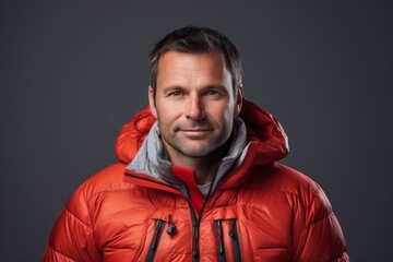 Fototapeta premium Portrait of a merry man in his 40s donning a durable down jacket against a white background. AI Generation