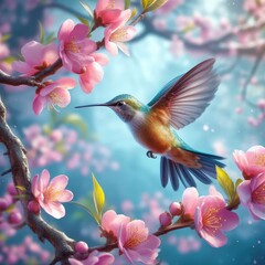Fototapeta na wymiar hummingbird in flight and flowers background photo