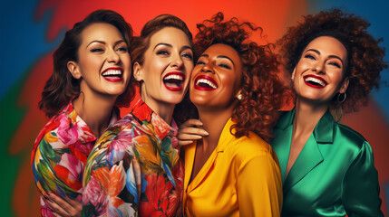 Joy and camaraderie among four women, showcasing vibrant fashion against a dynamic, colorful...