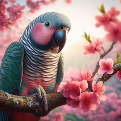 colorful parrot in the branch with flowers