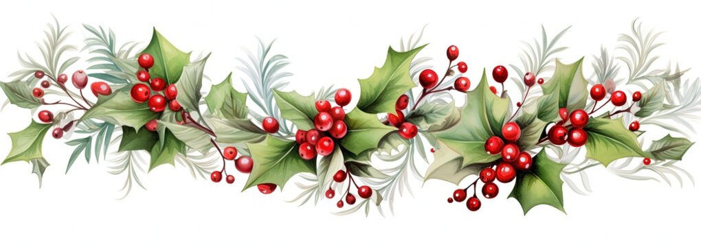 Festive Holly Branch Watercolor Painting