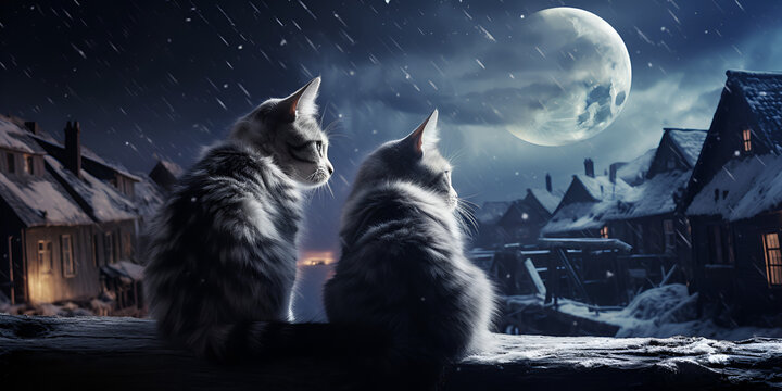 cat on the roof,Cats sitting on roof at night two pets looking at moon and stars in sky,AI Generative 