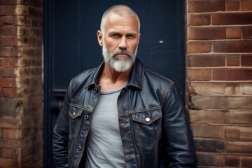 Portrait of a blissful man in his 50s sporting a rugged denim jacket against a vintage brick wall. AI Generation