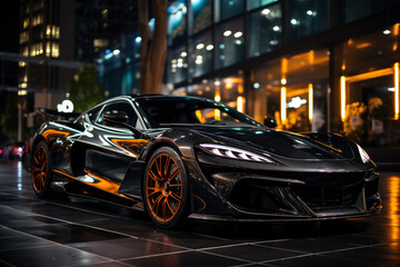Futuristic sports super concept car in the city, street racing on expensive exclusive luxury auto