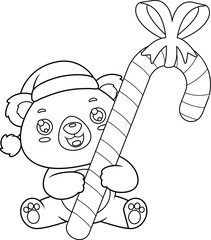 Outlined Cute Christmas Teddy Bear Cartoon Character Holding Gift Candy Cane. Vector Hand Drawn Illustration Isolated On Transparent Background
