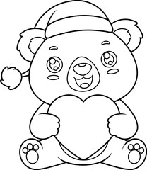 Outlined Cute Christmas Teddy Bear Cartoon Character Holding A Heart . Vector Hand Drawn Illustration Isolated On Transparent Background