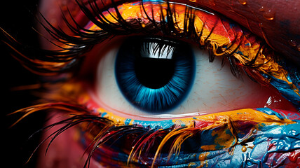 close up of a eye in the colors of the paint.