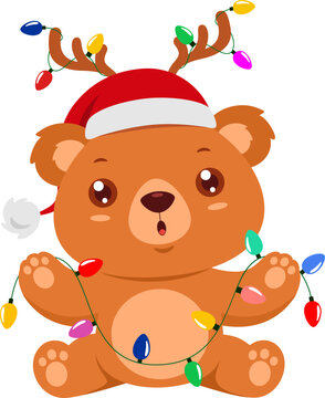 Cute Christmas Teddy Bear Cartoon Character With Antlers And Lights. Vector Illustration Flat Design Isolated On Transparent Background