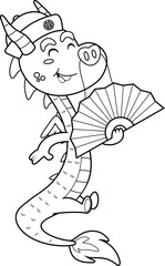 Outlined Cute Chinese Dragon Cartoon Character Holding A Fan. Vector Hand Drawn Illustration Isolated On Transparent Background