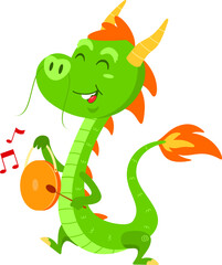 Cute Chinese Dragon Cartoon Character Walking With A Drum. Vector Illustration Flat Design Isolated On Transparent Background