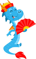 Cute Chinese Dragon Cartoon Character Holding A Fan. Vector Illustration Flat Design Isolated On Transparent Background
