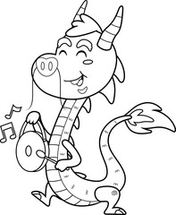 Outlined Cute Chinese Dragon Cartoon Character Walking With A Drum. Vector Hand Drawn Illustration Isolated On Transparent Background