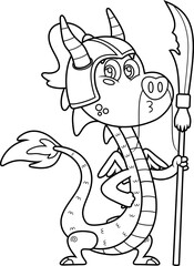Outlined Cute Chinese Dragon Warrior Cartoon Character With A Crescent Blade. Vector Hand Drawn Illustration Isolated On Transparent Background