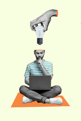 Pop retro magazine template collage of thoughtful worker guy work on business start up research have genius ideas solving task