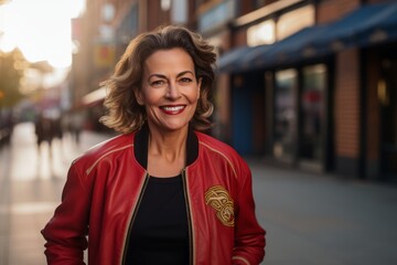 Portrait of a happy woman in her 50s sporting a stylish varsity jacket against a busy urban street....