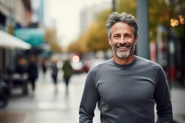 Portrait of a happy man in his 50s sporting a long-sleeved thermal undershirt against a busy urban...