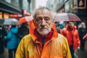 Portrait of a content man in his 70s wearing a vibrant raincoat against a busy urban street. AI Generation