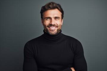 Fototapeta premium Portrait of a cheerful man in his 30s wearing a classic turtleneck sweater against a modern minimalist interior. AI Generation