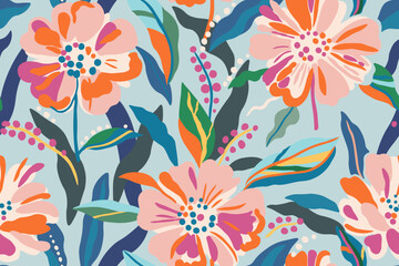 Colorful patterns depicting tropical plants, flowers, flower twigs, leaves on a light blue background. Foliage of exotic plants in summer for banners, prints, decor. - obrazy, fototapety, plakaty