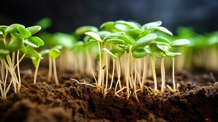 roots and fresh soy leaves. sprouting soybean seeds in the ground - obrazy, fototapety, plakaty