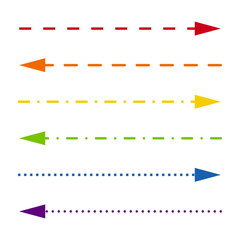 A set of straight thin rainbow multi-colored arrows of different shapes. Minimalistic dotted signs, playful lines isolated on a white background.