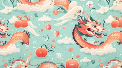 Children's illustration with dragons and asian elements on pastel color background for Happy Chinese New Year of the Dragon. Wallpaper. Pattern. Image generated with AI