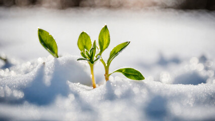 The first sprouts of new life in spring, snowdrop flowers growing in the snow, green plant leaves in springtime