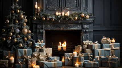 Stylish living room interior with beautiful fireplace, Christmas tree.